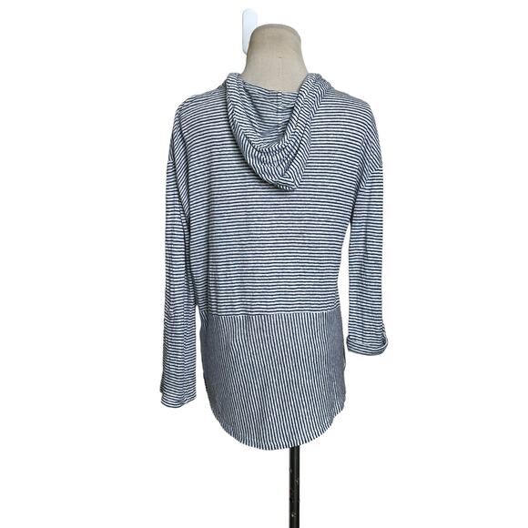 C&C blue white linen striped 3/4 sleeves lightweight hoodie size Small - Picture 6 of 13
